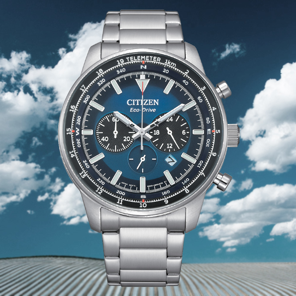 CITIZEN 星辰 Chronograph 光動能 碼錶計時三眼大錶徑腕錶-藍 CA4500-91L 送禮 禮物 推薦