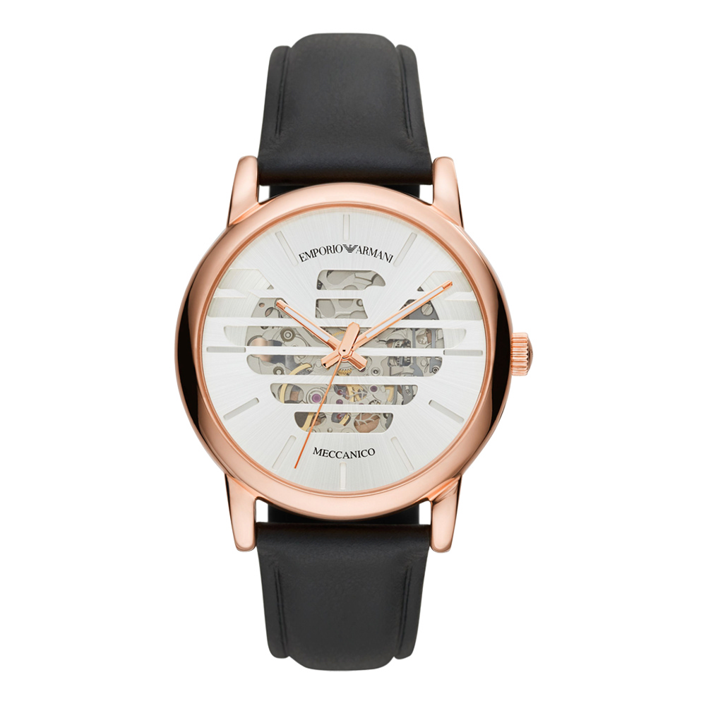 EMPORIO ARMANI Meccanico系列王者之風機械腕錶-玫瑰金X黑皮帶-AR60031