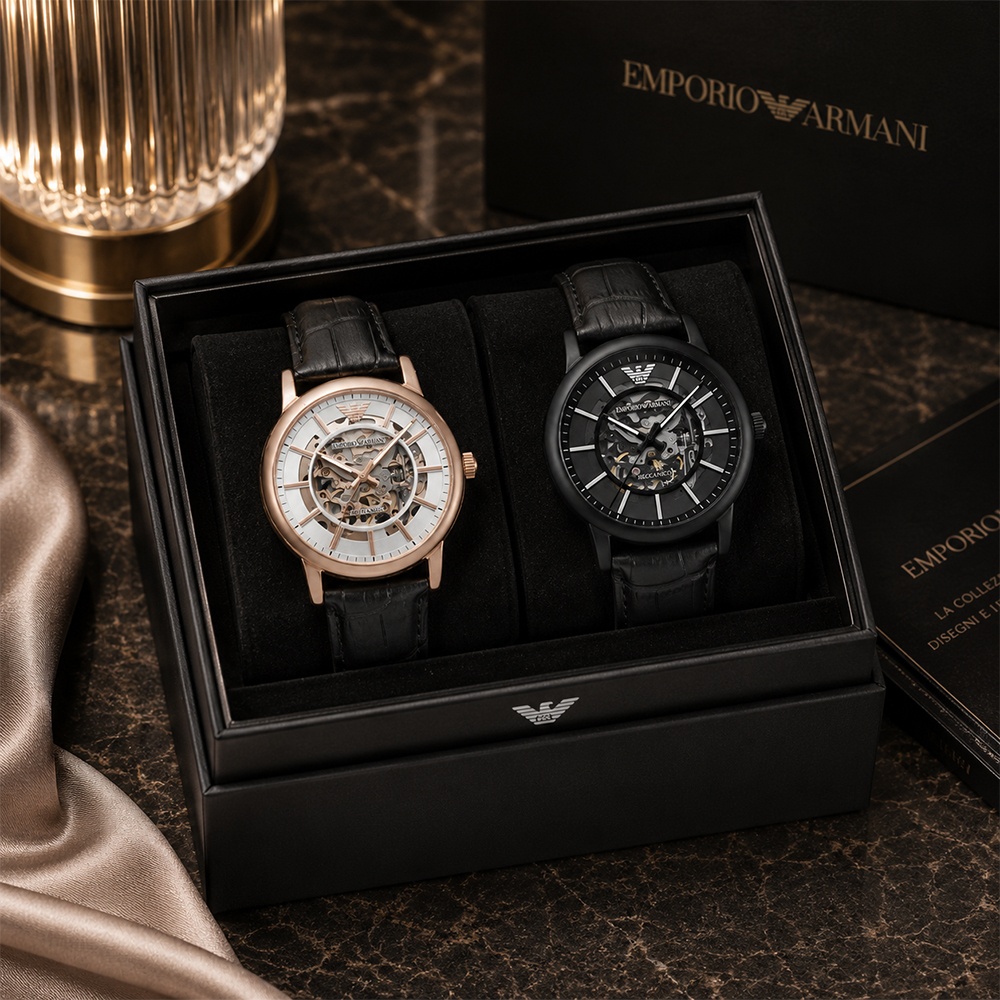 EMPORIO ARMANI 雙面鏤空機械腕錶 43mm/44mm 雙面鏤空 真皮錶帶 日本機械機芯 質感手錶 質感