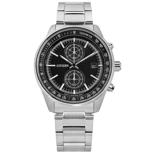 CITIZEN 星辰 / CA7030-97E / 光動能 計時碼錶 日期 防水100米 日本製造 不鏽鋼手錶 黑色 41mm
