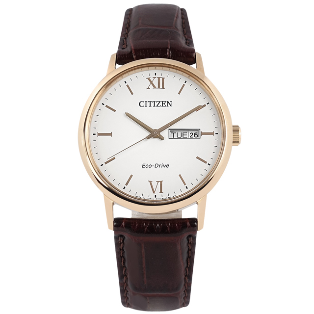 CITIZEN 星辰 / BM9012-02A / 光動能 藍寶石水晶玻璃 星期日期 壓紋小牛皮手錶 白x玫瑰金框x深褐 37mm