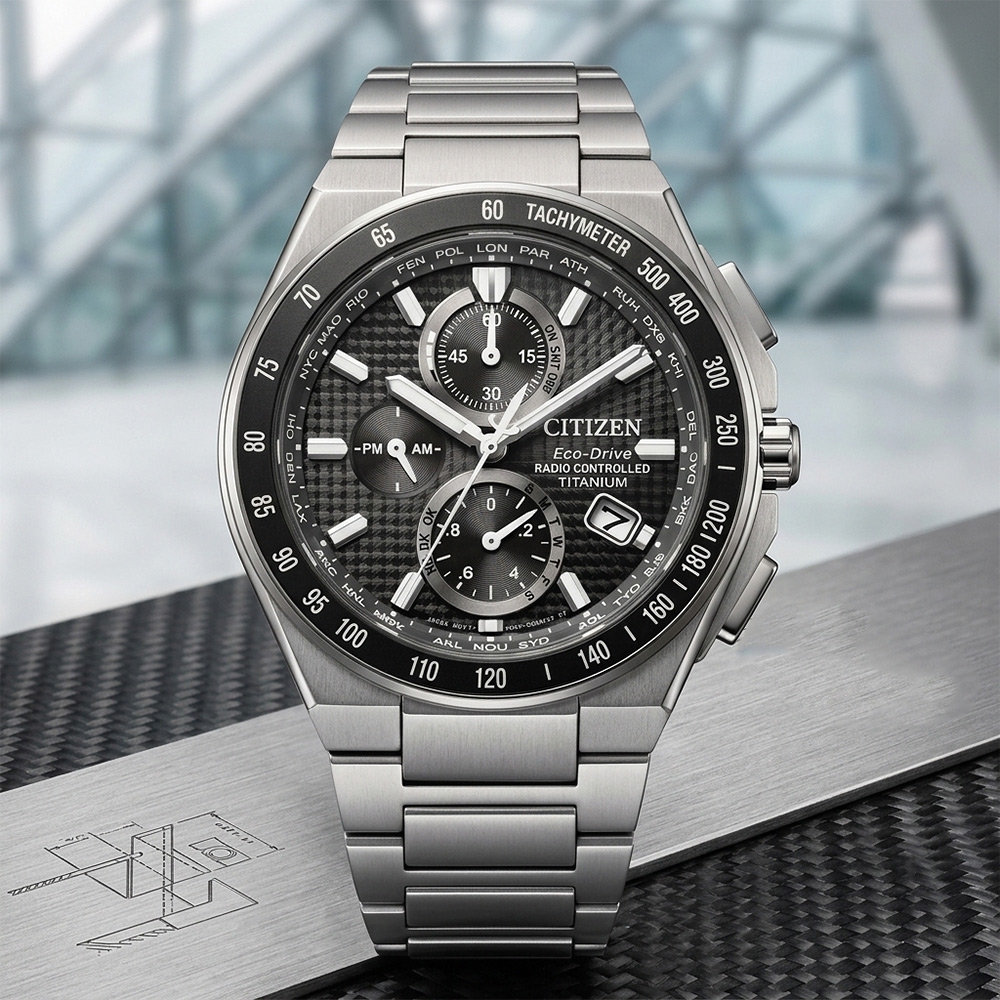 CITIZEN 星辰 鈦金屬光動能電波萬年曆計時手錶 雙11禮遇 AT8390-55E