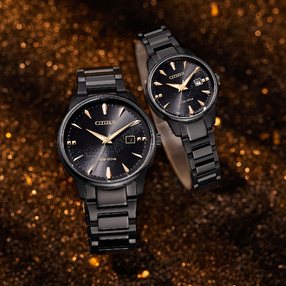 CITIZEN 星辰 PAIR系列 銀河黑金限定 光動能時尚對錶 錶 手錶 送禮 (BM7595-89E+EW2595-81E)
