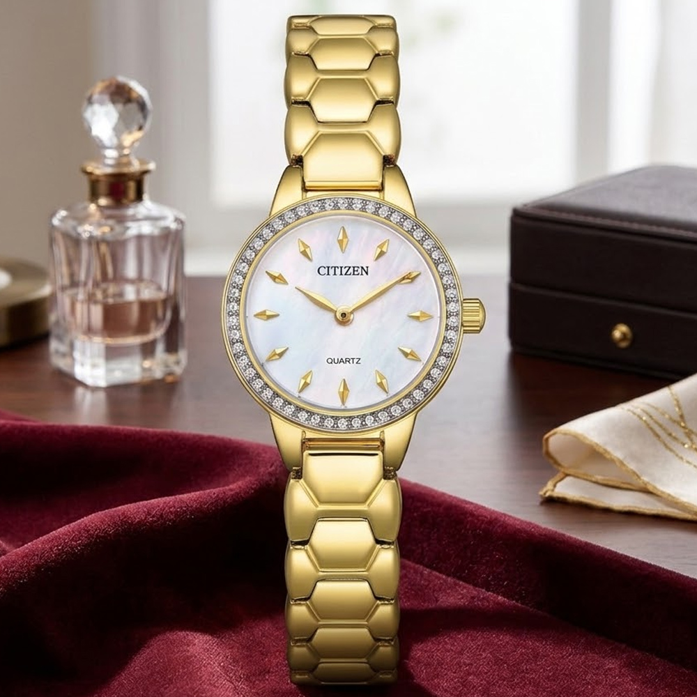 CITIZEN 星辰 LADYS 光動能 白蝶貝 時尚水晶腕錶 錶 週年慶 雙11 EZ7012-51D