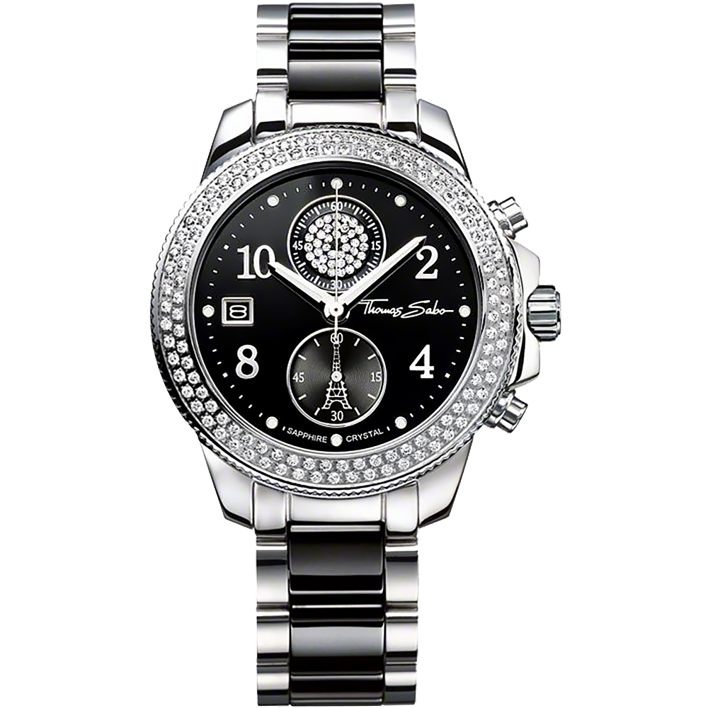 Thomas Sabo It Girl 艾菲爾鐵塔計時玻麗手錶-黑x銀/38mm WA0055