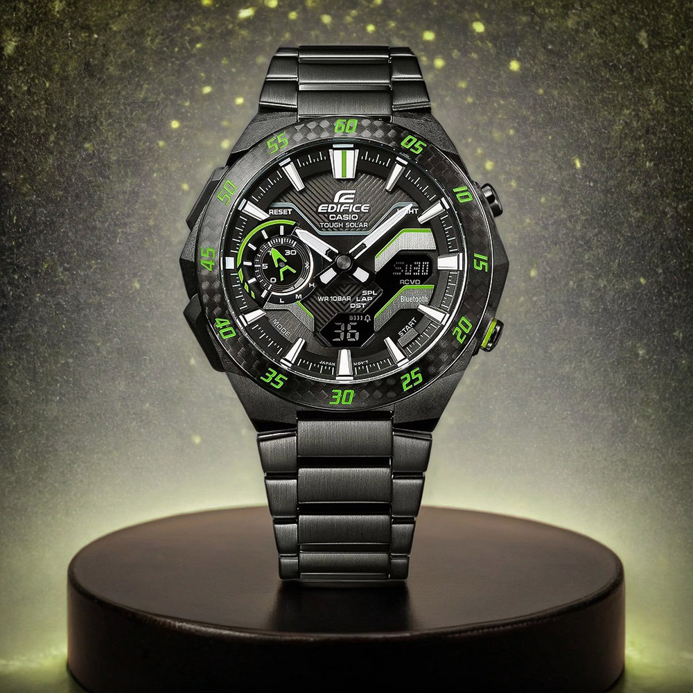 CASIO 卡西歐 EDIFICE 賽車方格旗 太陽能藍芽手錶-黑x綠色 ECB-2200RC-1A3