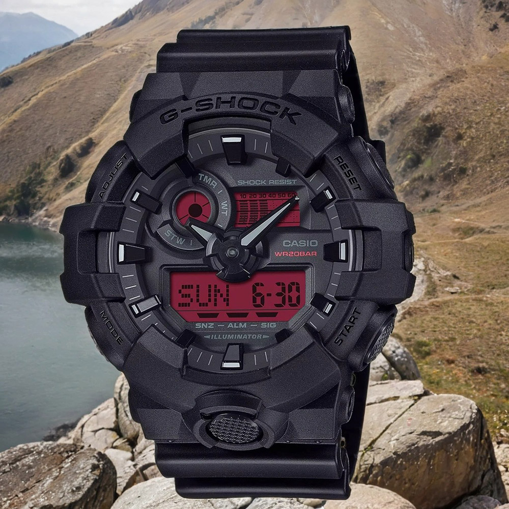 CASIO 卡西歐 G-SHOCK 黑紅配色雙顯電子錶 手錶 學生錶(GA-700BBR-1A)