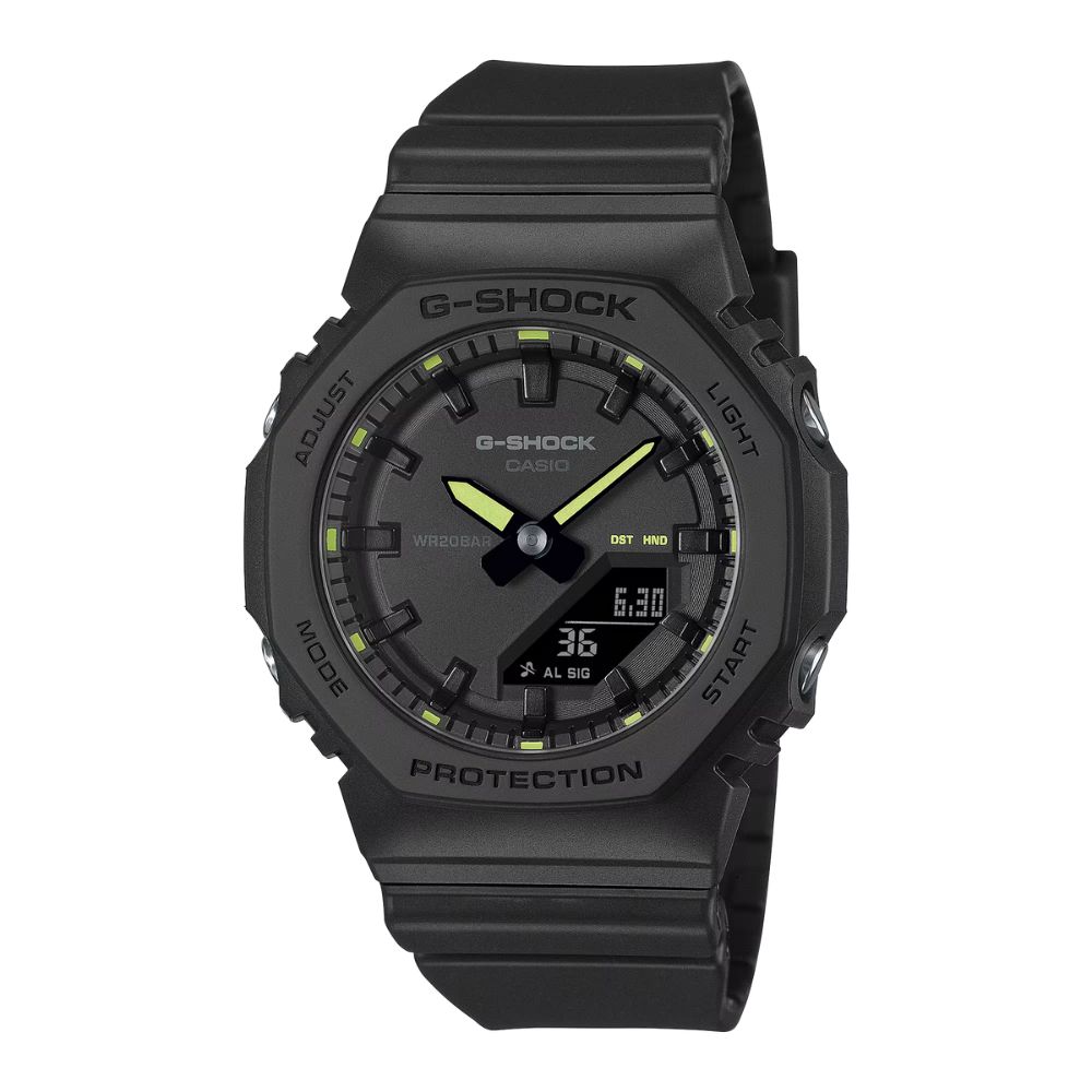 CASIO 卡西歐 G-SHOCK 個性酷黑 螢光黃點綴 搶眼奪目 簡約纖薄 八角形錶殼 GMA-P2100SA-1A2_40.2mm