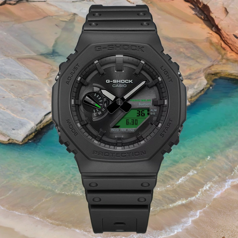 CASIO 卡西歐 G-SHOCK 經典黑與電光綠藍芽太陽能八角雙顯電子錶 GA-B2100BEG-1A