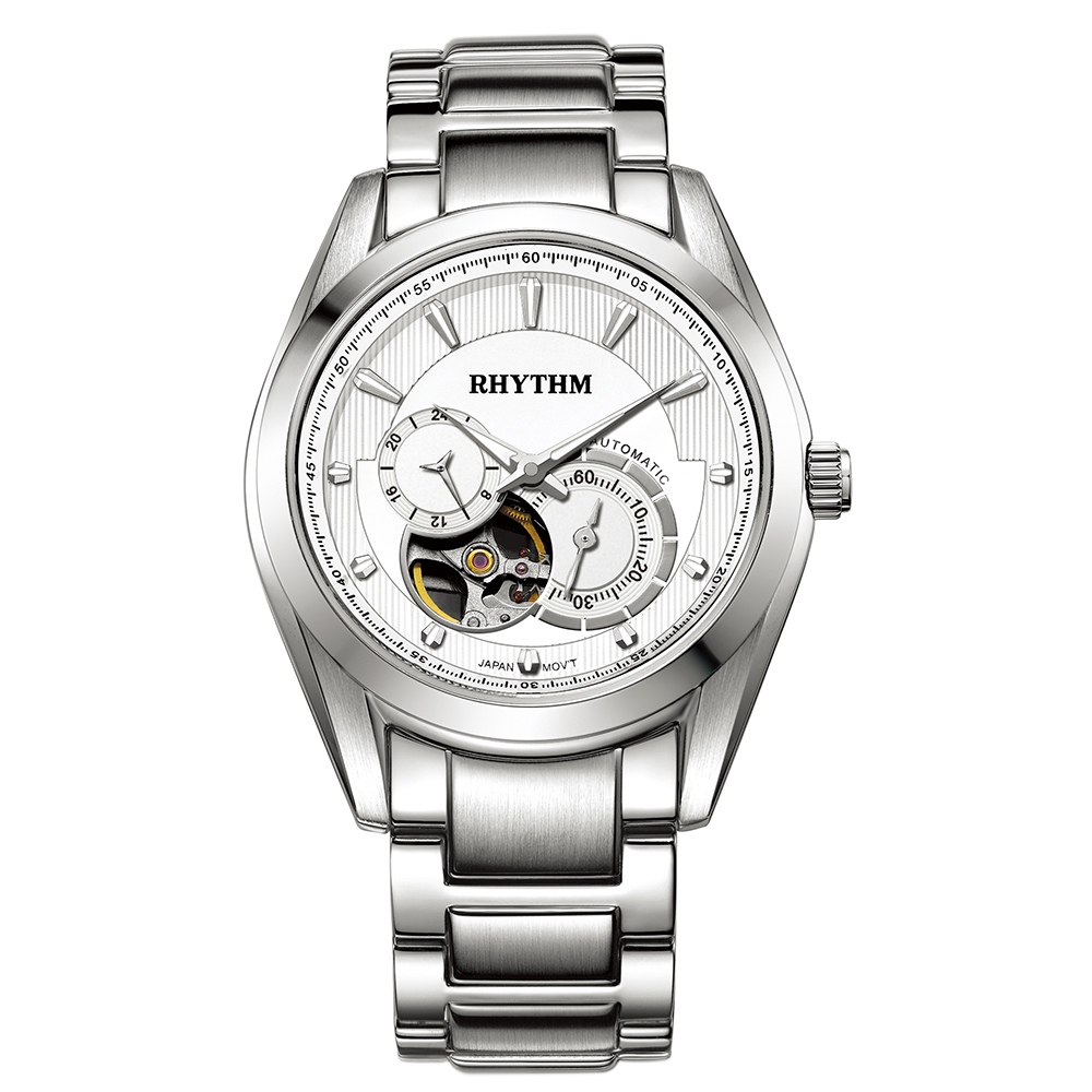 RHYTHM 麗聲 日本 商務男士時尚品味半鏤空自動機械腕錶-白/不鏽鋼錶帶