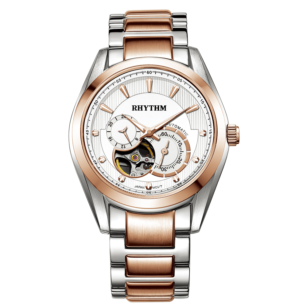 RHYTHM 麗聲 日本 商務男士時尚品味半鏤空自動機械腕錶-玫瑰金/不鏽鋼錶帶