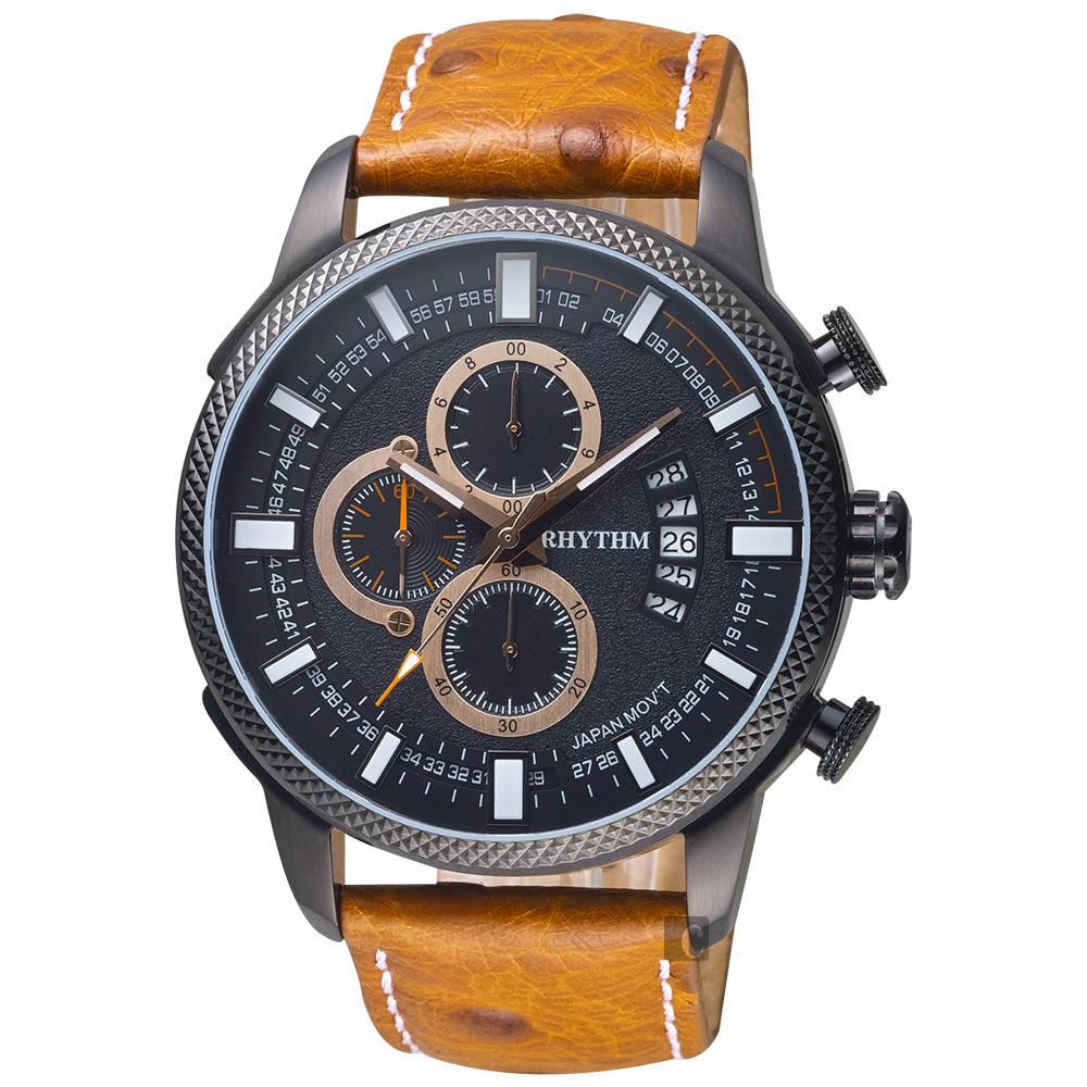 RHYTHM 麗聲 日本 大自然系列三眼計時手錶-黑x咖啡錶帶/46mm SI1607L03