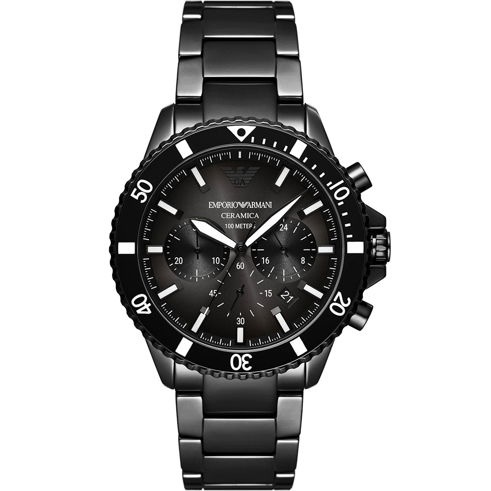 EMPORIO ARMANI Diver 陶瓷三眼計時手錶-43mm AR70010