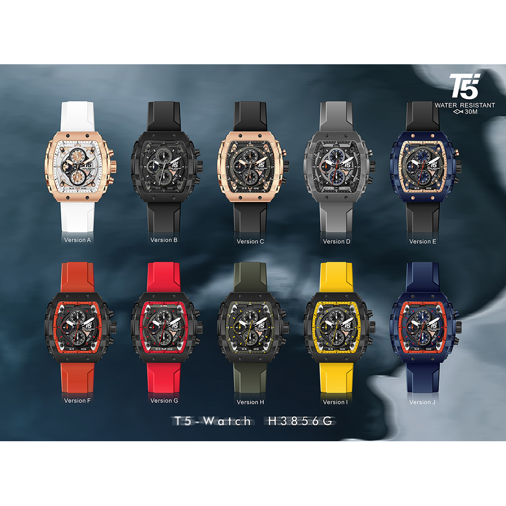 【T5】-H3856G-美國潮牌時尚流行表-酒桶造型真三眼石英-矽硅膠表帶手錶