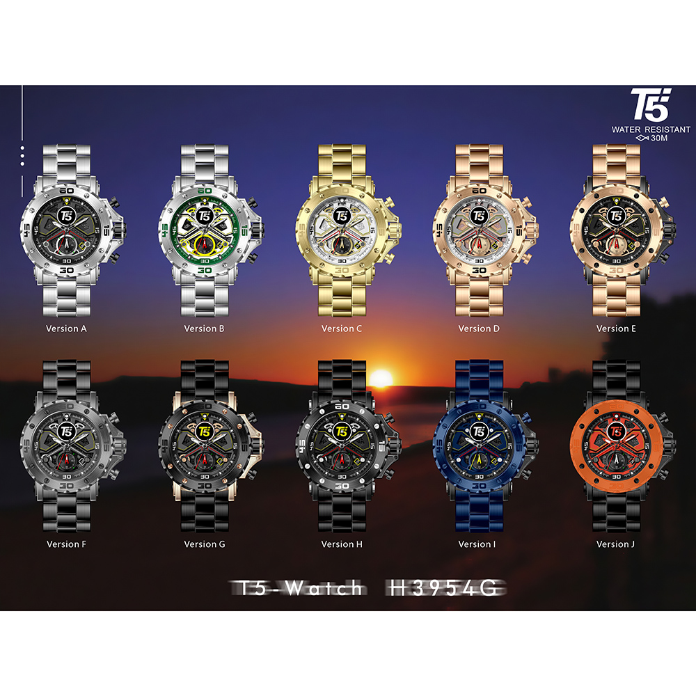 【T5】-H3954G-美國潮牌時尚流行表-圈口飾螺絲齒框錶殼/碳纖維造型面版/計時二眼石英-不銹鋼表帶手錶