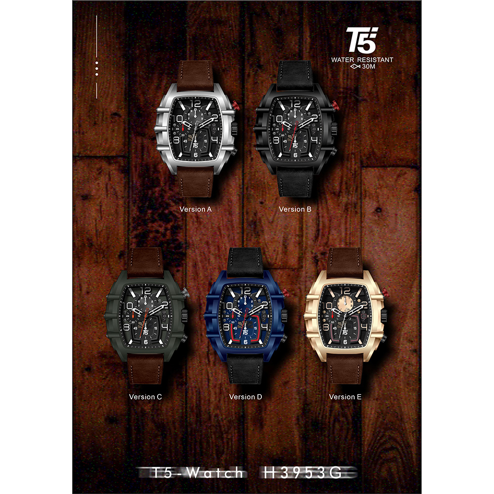 【T5】-H3953G-美國潮牌時尚流行表-酒桶造型大表面真三眼石英-頭層牛皮表帶手錶