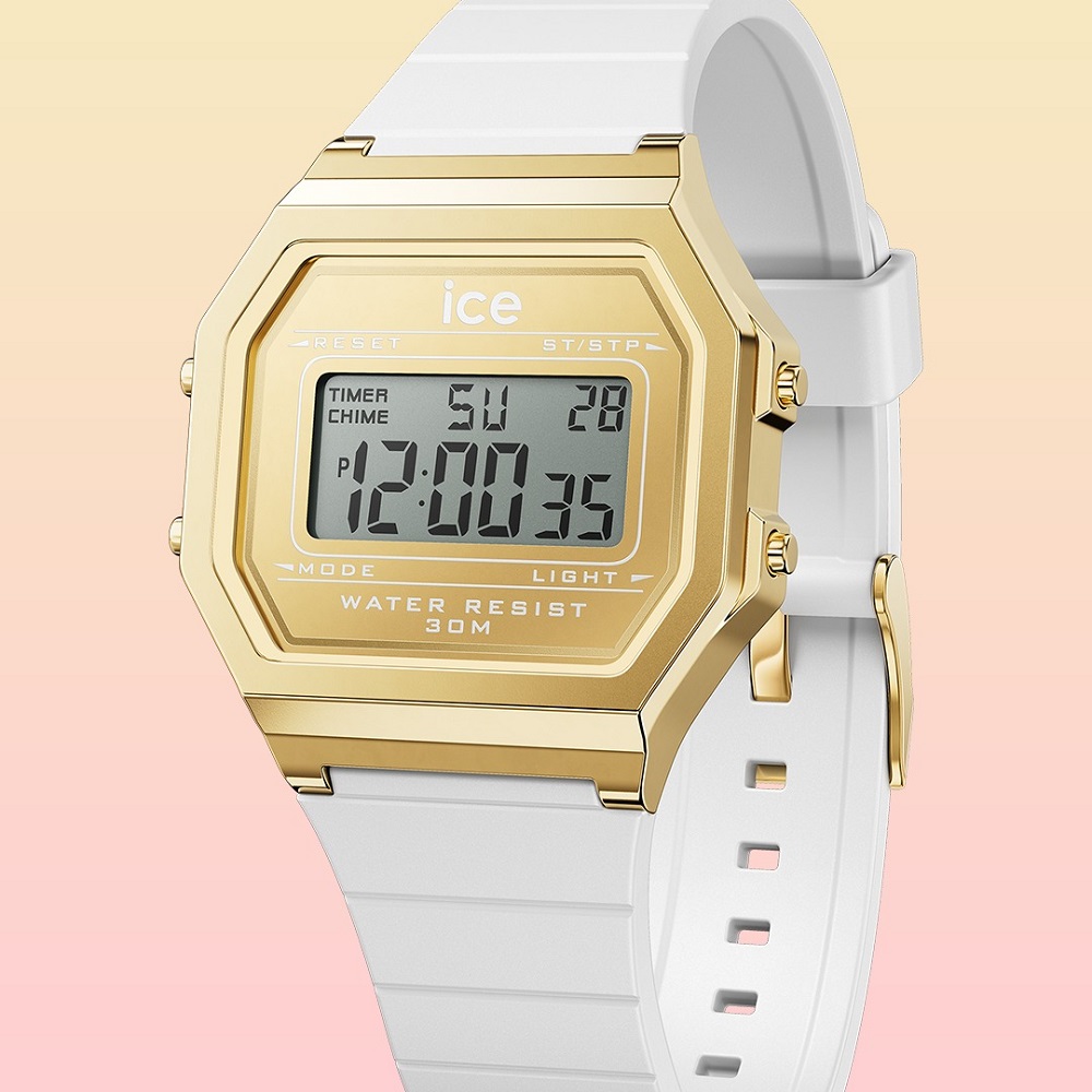 ICE-WATCH 【Ice Watch】ICE DIGIT RETRO系列 復古金框矽膠電子錶 32mm-白色
