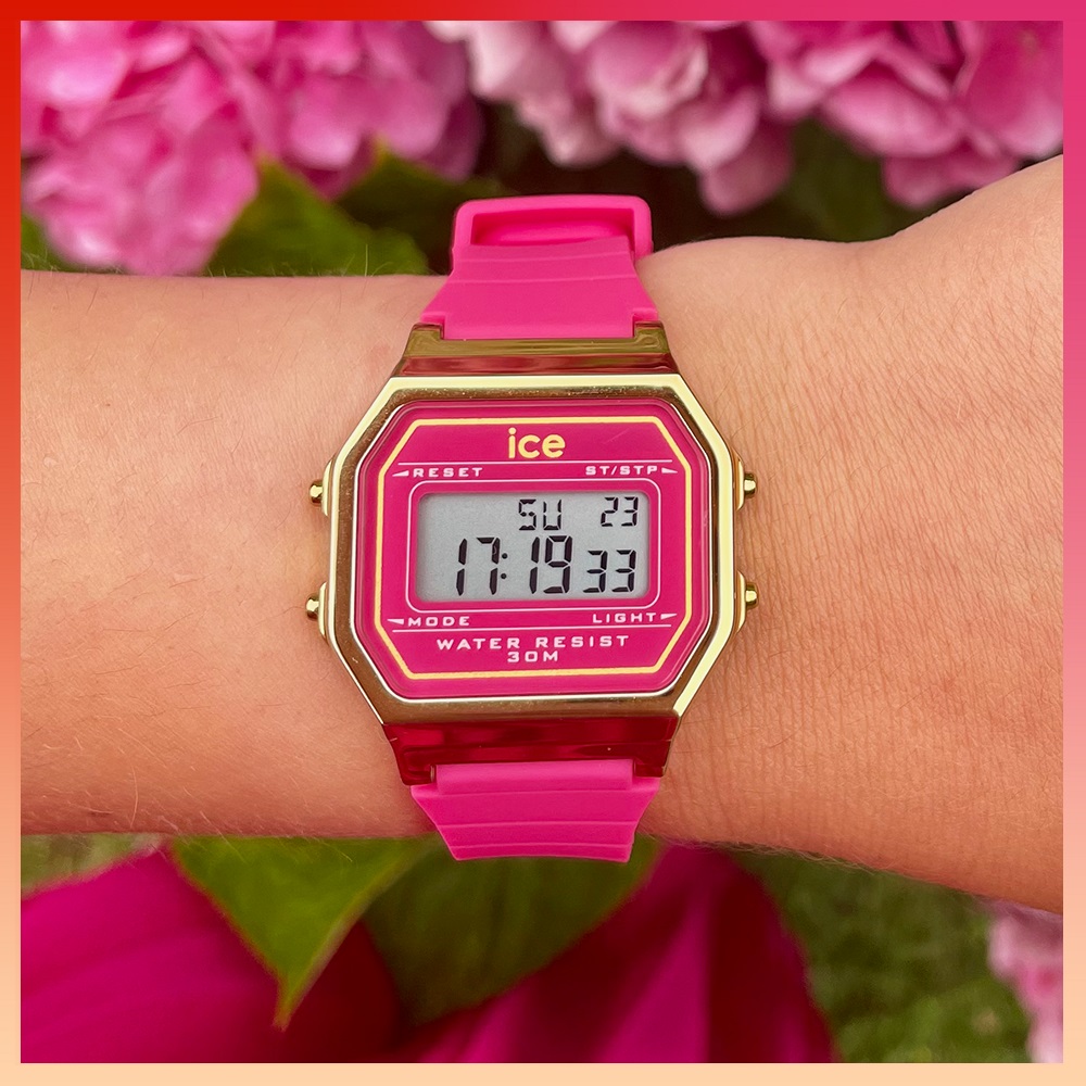 ICE-WATCH 【Ice Watch】ICE DIGIT RETRO系列 復古金框矽膠電子錶 32mm-莓果色