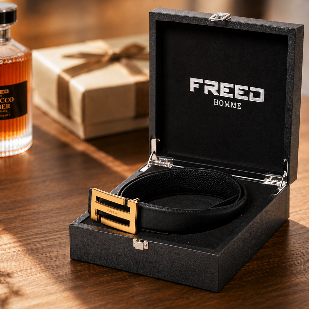 FREED 金色/黑色扣頭 細紋真皮皮帶
