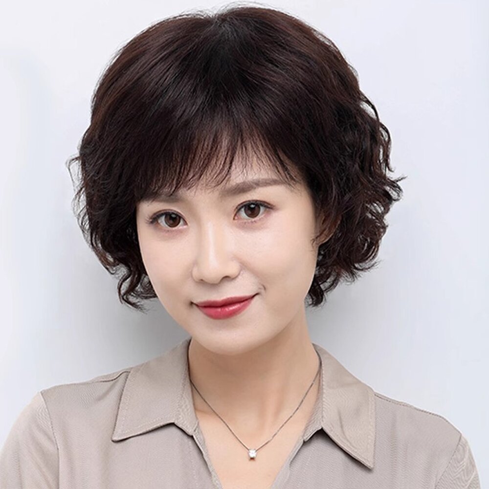 MoonDy 假髮 短髮假髮 真髮假髮 短捲髮 媽媽頭 整頂假髮 真人髮絲 增髮量 215
