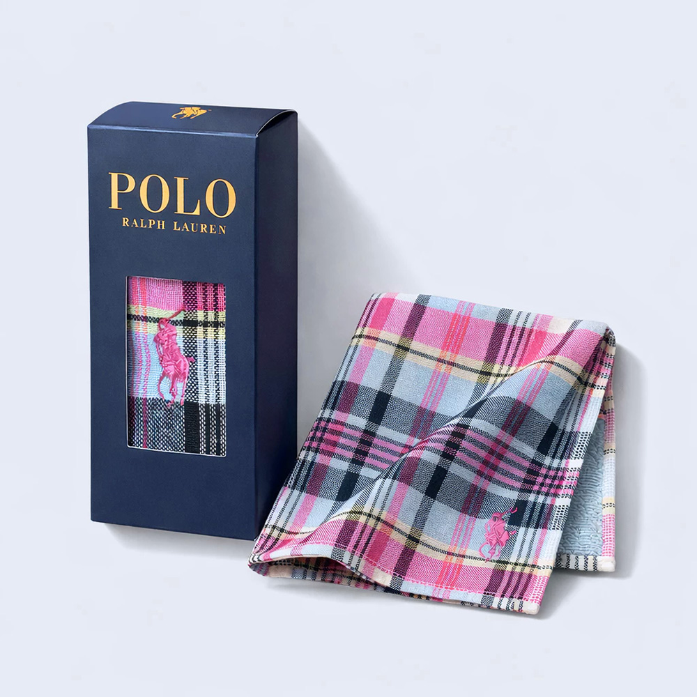 RALPH LAUREN POLO 經典粉彩格紋小馬刺繡純棉方巾禮盒(淡雅藍調色 深藍禮盒款 送禮首選)