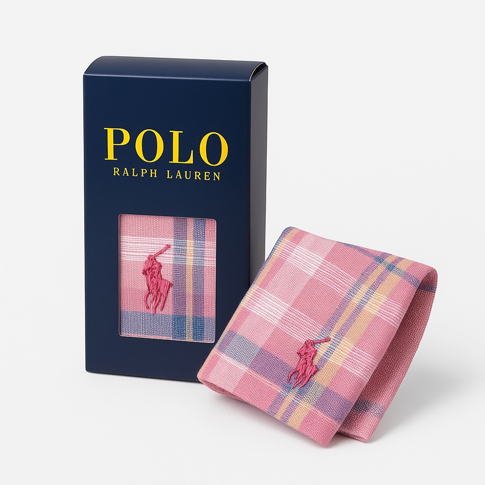 RALPH LAUREN POLO 經典粉彩格紋小馬刺繡純棉方巾禮盒(玫瑰粉色調 深藍禮盒款 送禮首選)