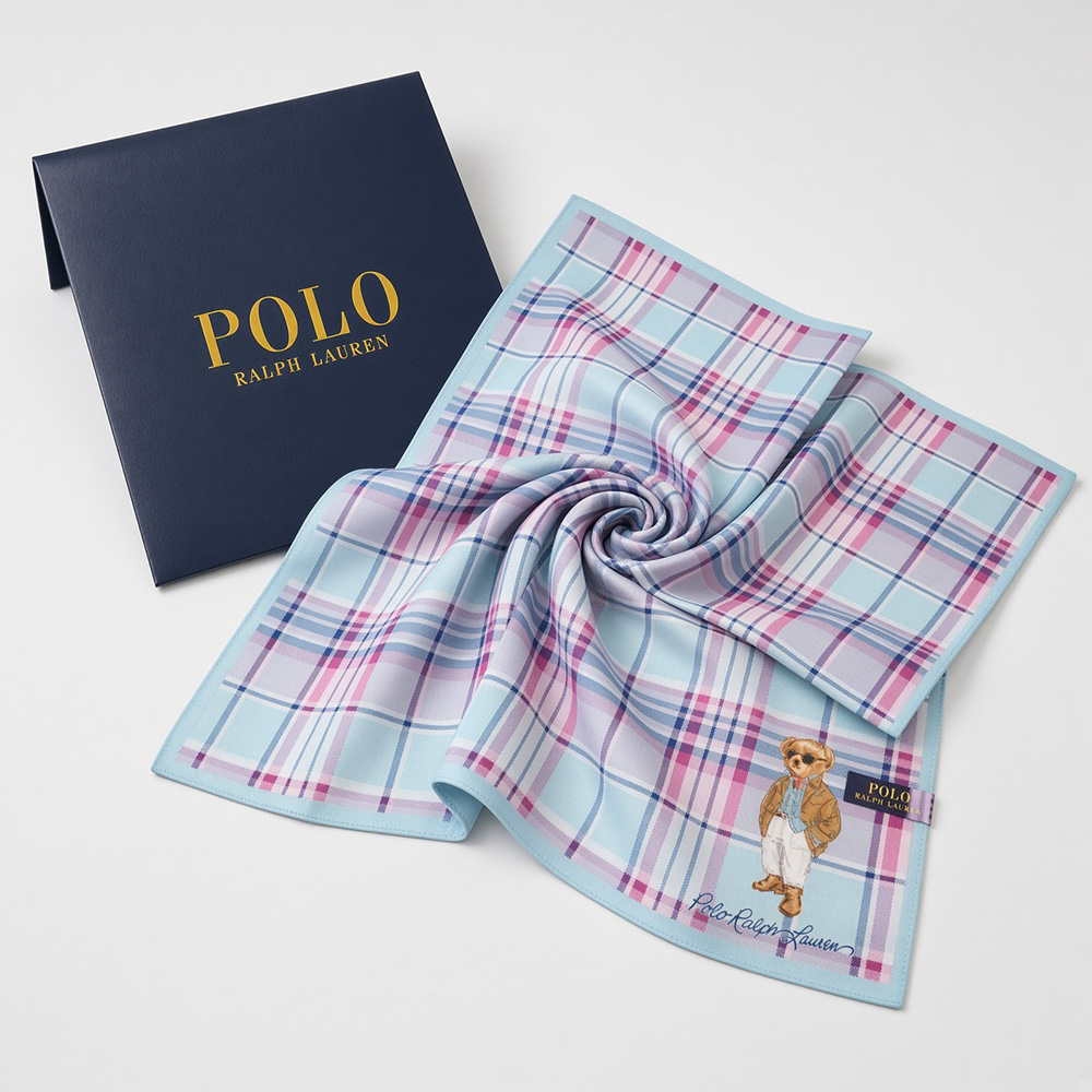 RALPH LAUREN POLO BEAR小熊粉彩格紋純棉手帕領巾.髮帶.包綁巾(粉霧天藍格48×48cm日本製 附品牌禮品紙袋)