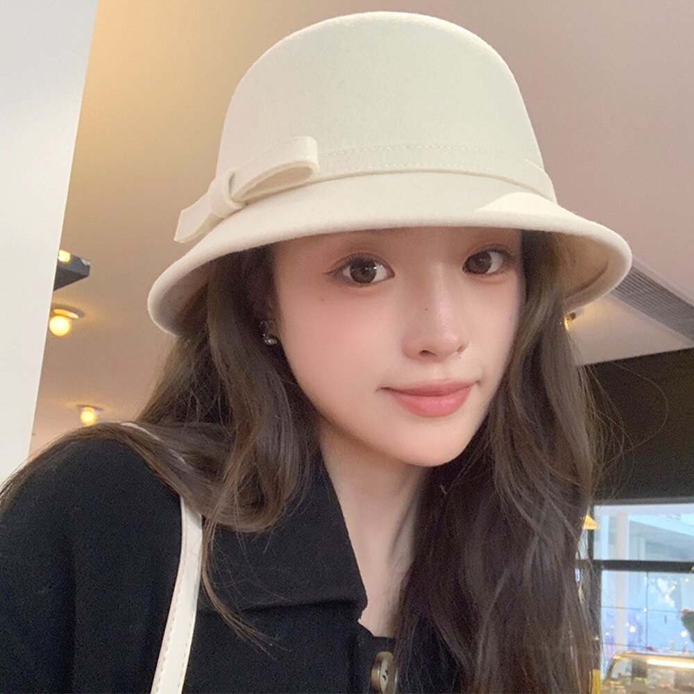 MoonDy 帽子 女生帽子 女帽 赫本風 漁夫帽 休閒帽 小禮帽 蝴蝶結 水桶帽 秋冬款 法式 復古 044