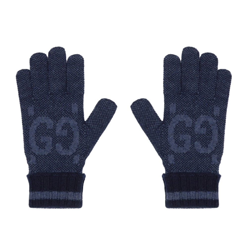 GUCCI 古馳 788499 經典LOGO羊絨手套(深藍色M)
