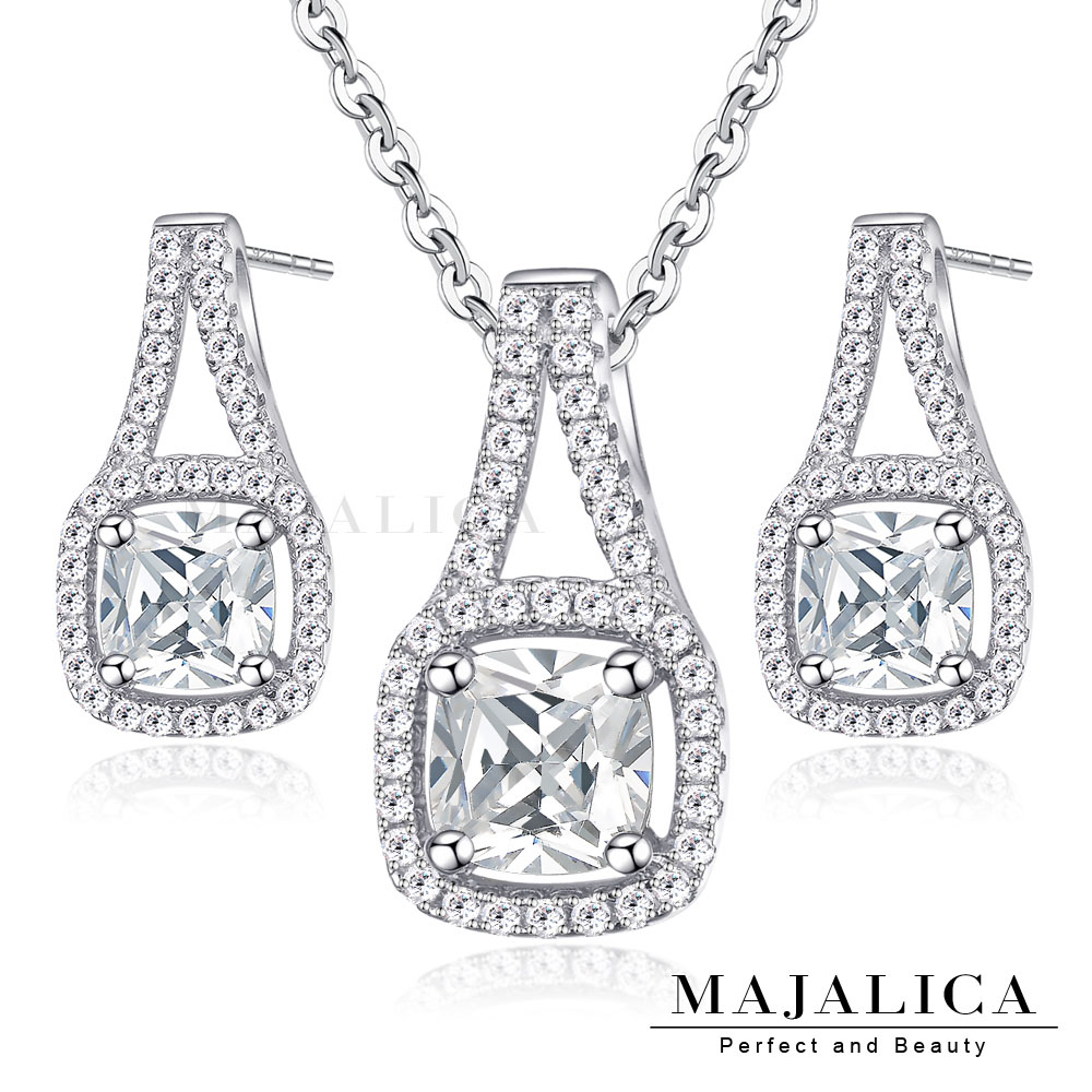 Majalica 925純銀項鍊耳環套組 四爪晶鑽 925純銀 銀色款 名媛淑女款 套組價格 PN5124-2