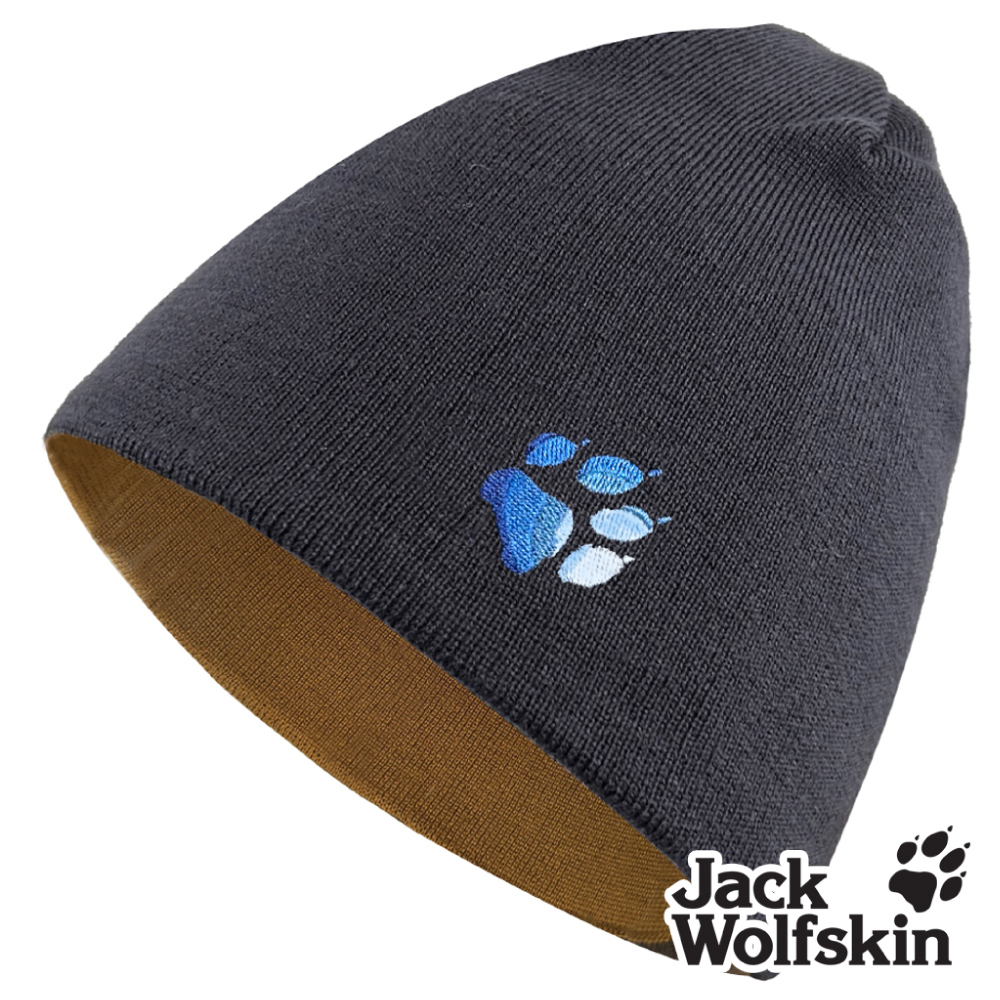 Jack Wolfskin 小狼爪LOGO條紋針織保暖帽 雙面戴毛帽『棕配深藍』