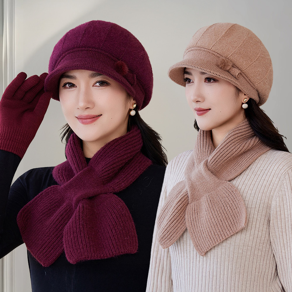 I.Dear 韓版抗寒雪地加絨加厚兔毛混紡貝雷帽圍巾兩件套組(4色)