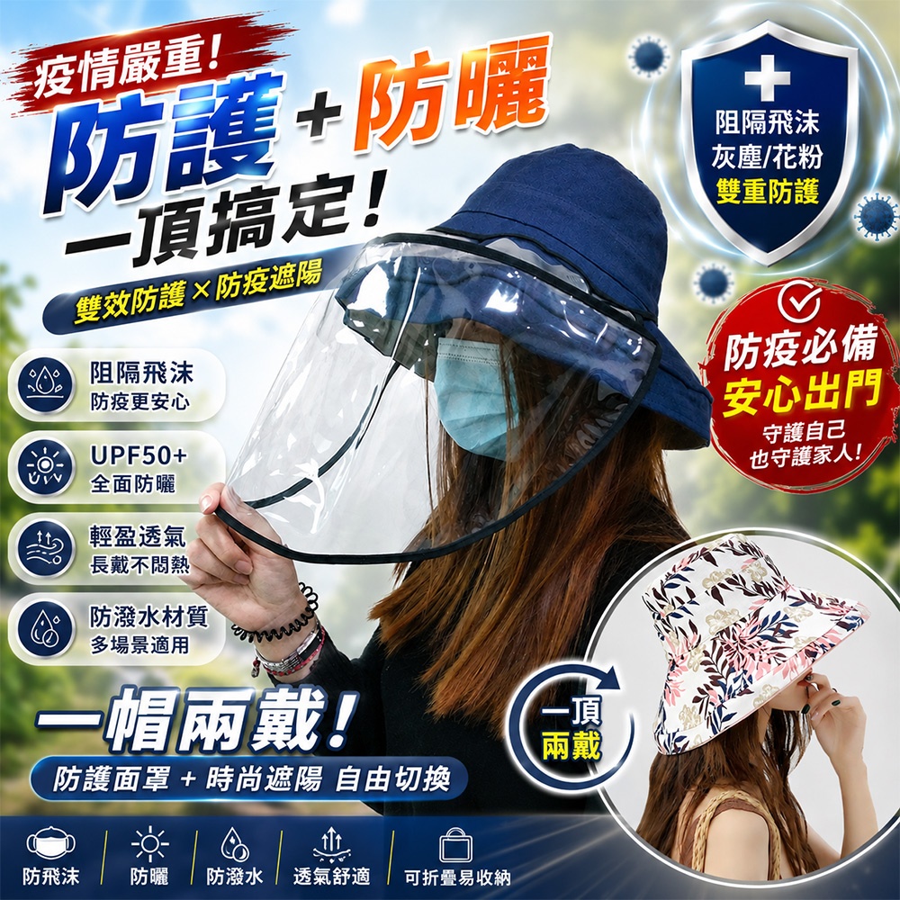 KissDiamond 極致防護組|雙面戴大帽檐遮陽帽×防飛沫透明防護面罩(KD-0868/KD-8102)