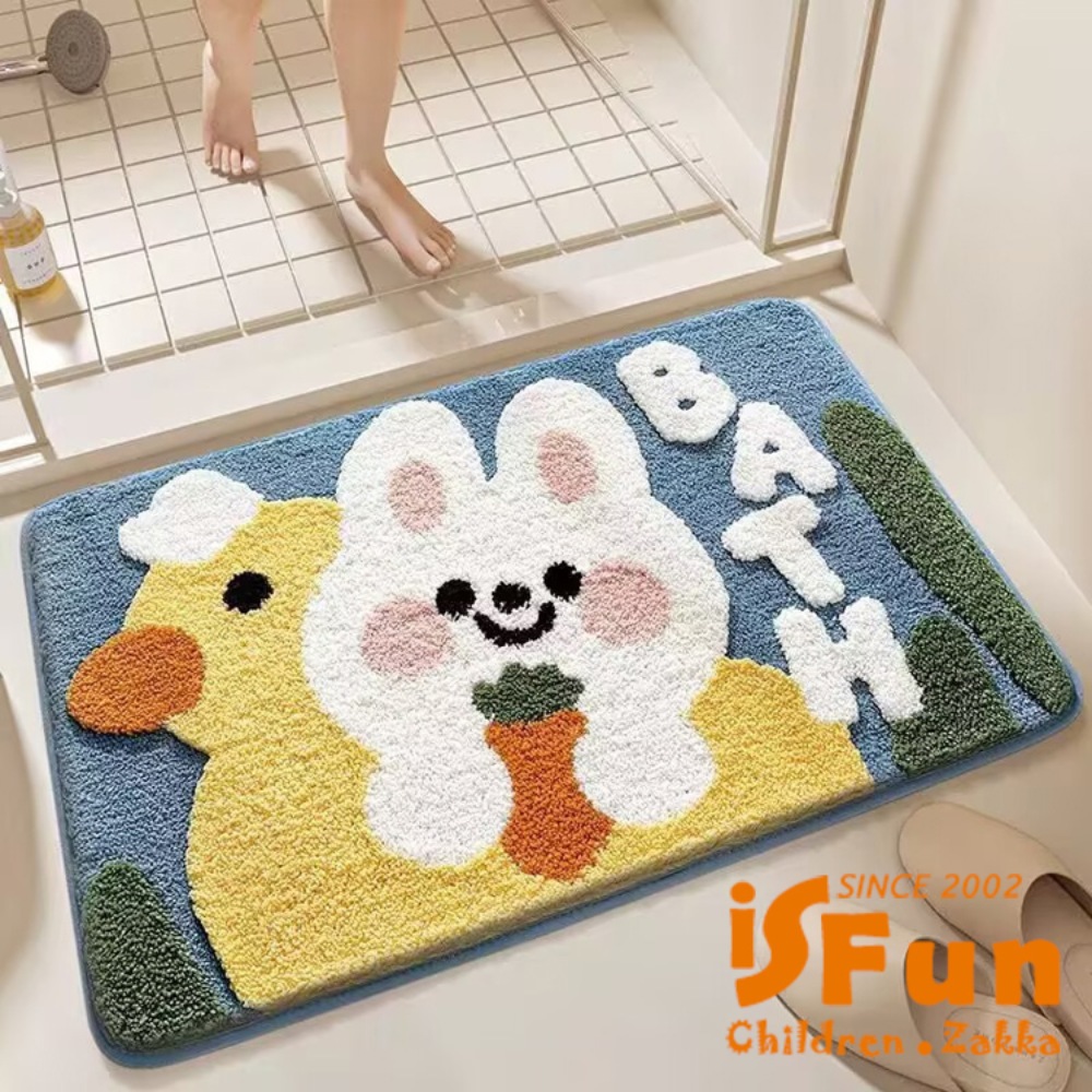 iSFun 羊羔絨毛 腳踏防滑浴室吸水地墊50x80cm/白兔鴨鴨