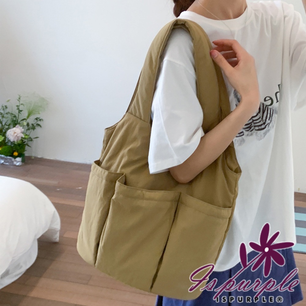 iSPurple 日韓百搭 多口袋尼龍鋪棉單肩托特包/卡其