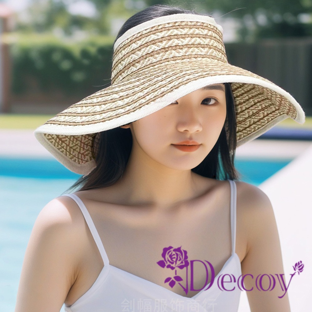 Decoy 時尚休閒 加大帽沿空頂草紙漁夫遮陽帽/米