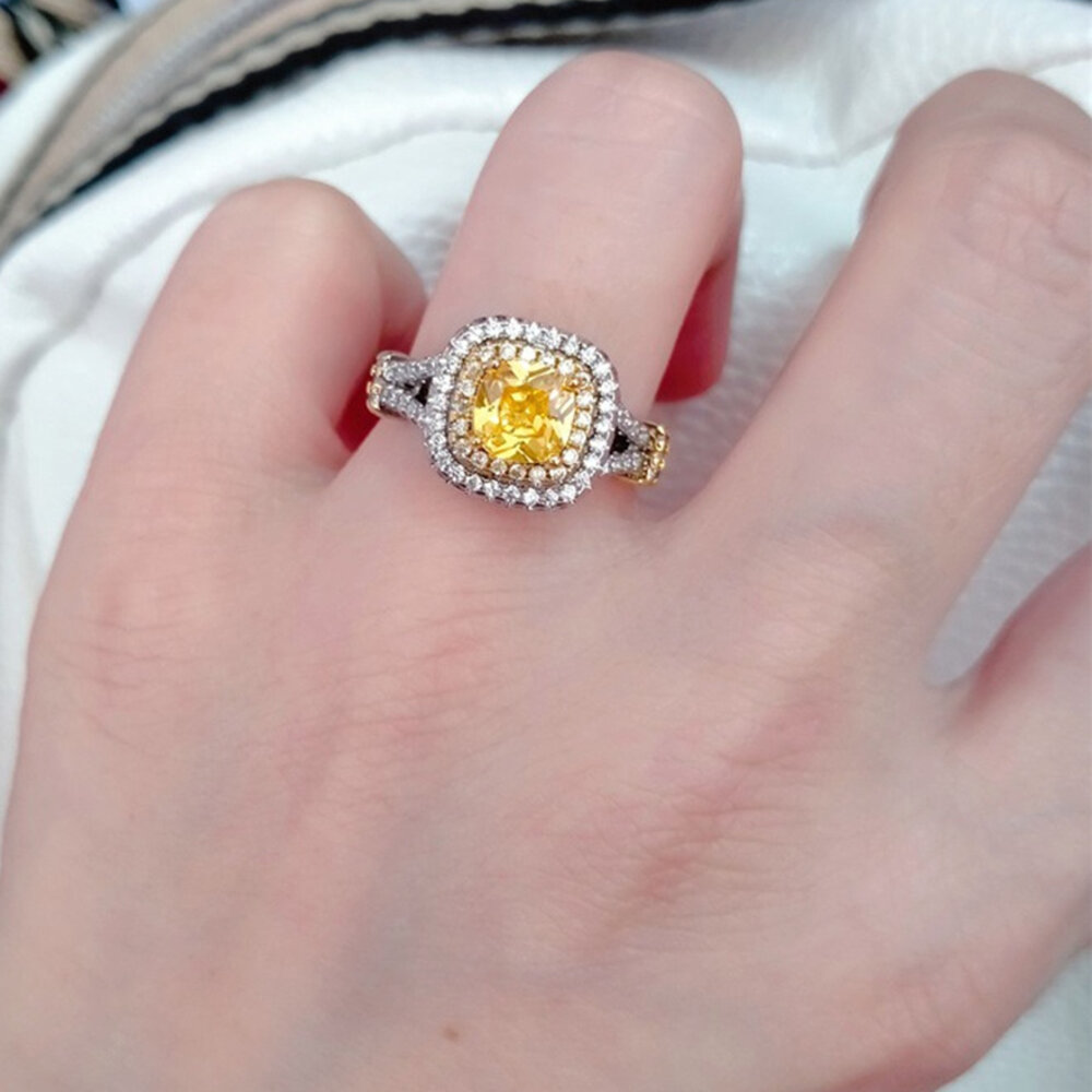 MoonDy 戒指 鑽戒 指環 純銀戒指 黃鑽石戒指 方形鑽戒 歐美戒指 結婚鑽戒 銀戒指 生日禮物 120