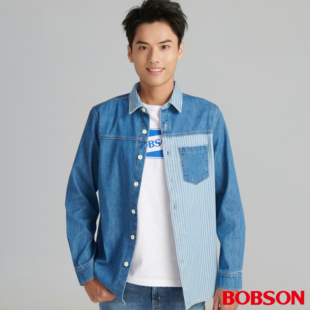 BOBSON 男款剪接條紋厚襯衫(JM0026-58)