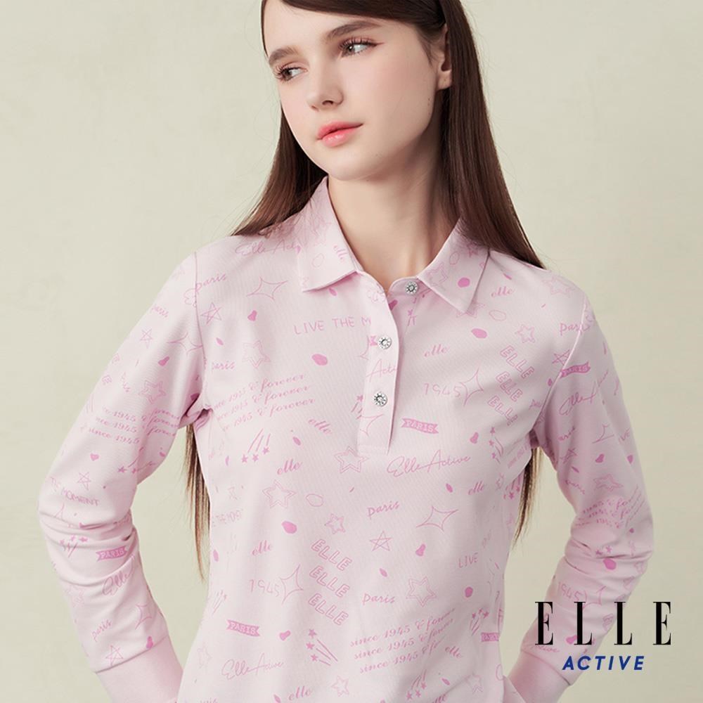 ELLE ACTIVE 經典塗鴉滿版印花機能長袖POLO衫女款-粉紅 EA25A2W140272
