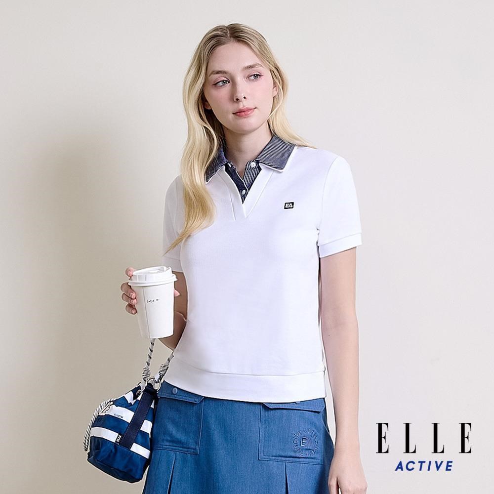 ELLE ACTIVE 女款 襯衫領假兩件POLO短袖上衣-白 (EA26S1W1102-90)