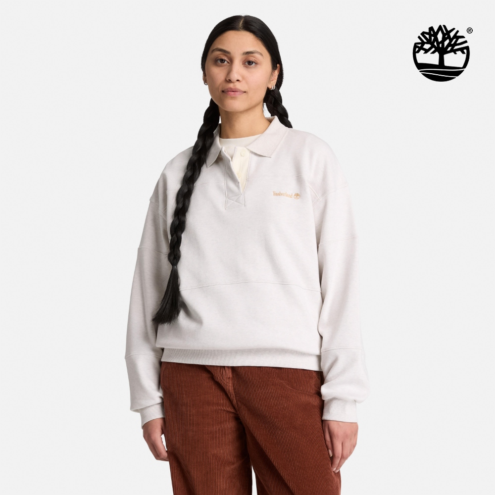 Timberland 女款淺米色寬版長袖橄欖球Polo衫｜0YH5F546