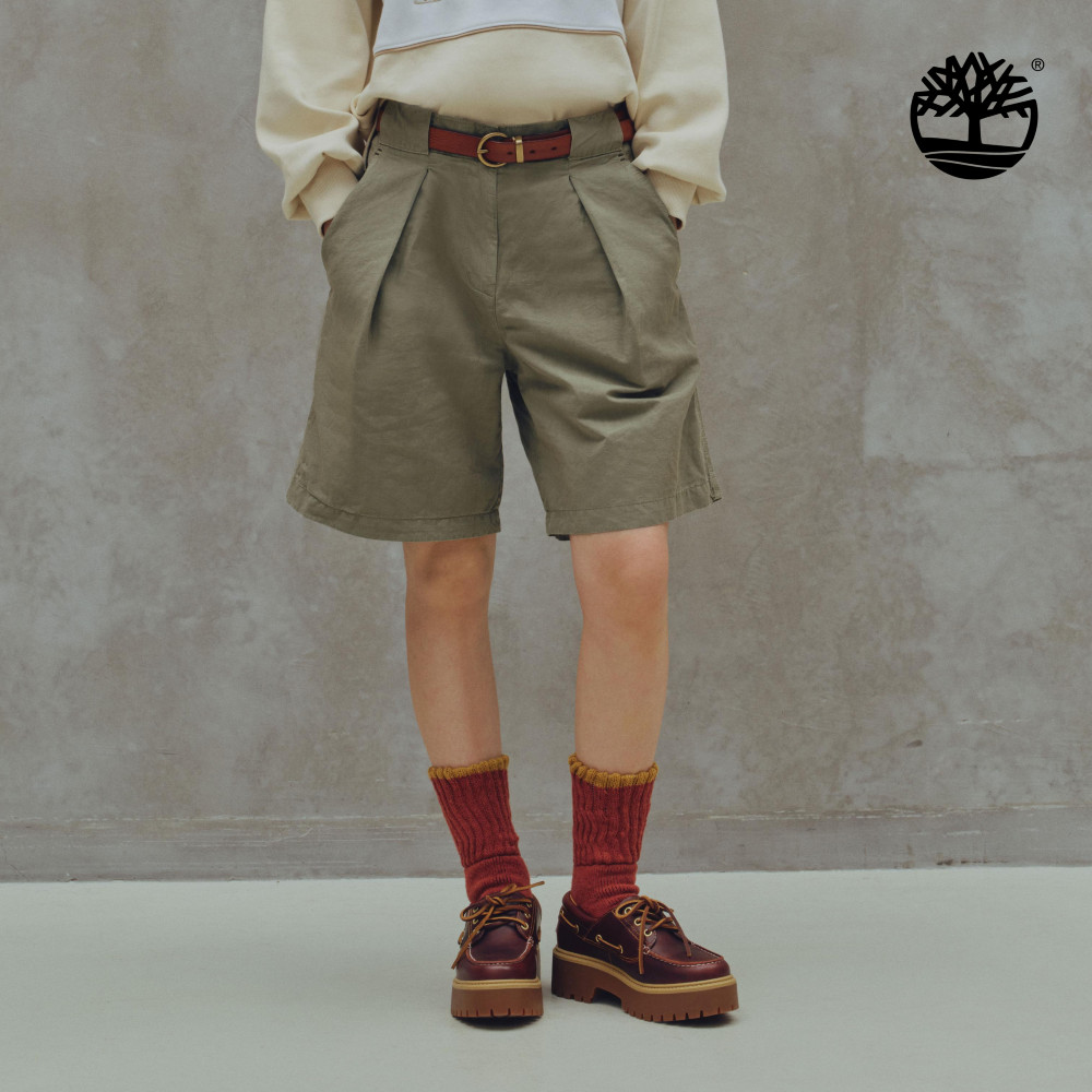 Timberland 女款灰綠色棉麻百慕達短褲|A442F590