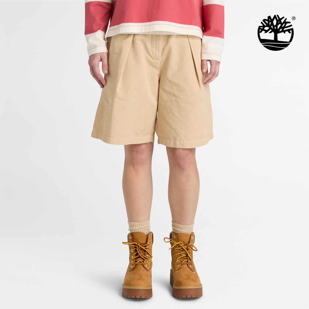 Timberland 女款米色棉麻百慕達短褲｜A442FY94