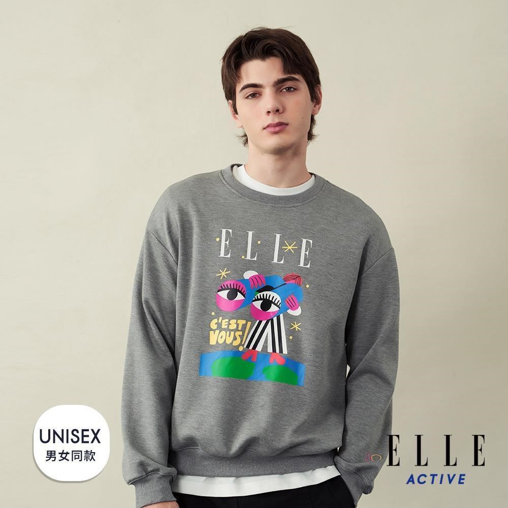 ELLE ACTIVE 男女共款 80週年 繽紛圖騰印花大學T恤-灰色 (EA25A2F1404-95)