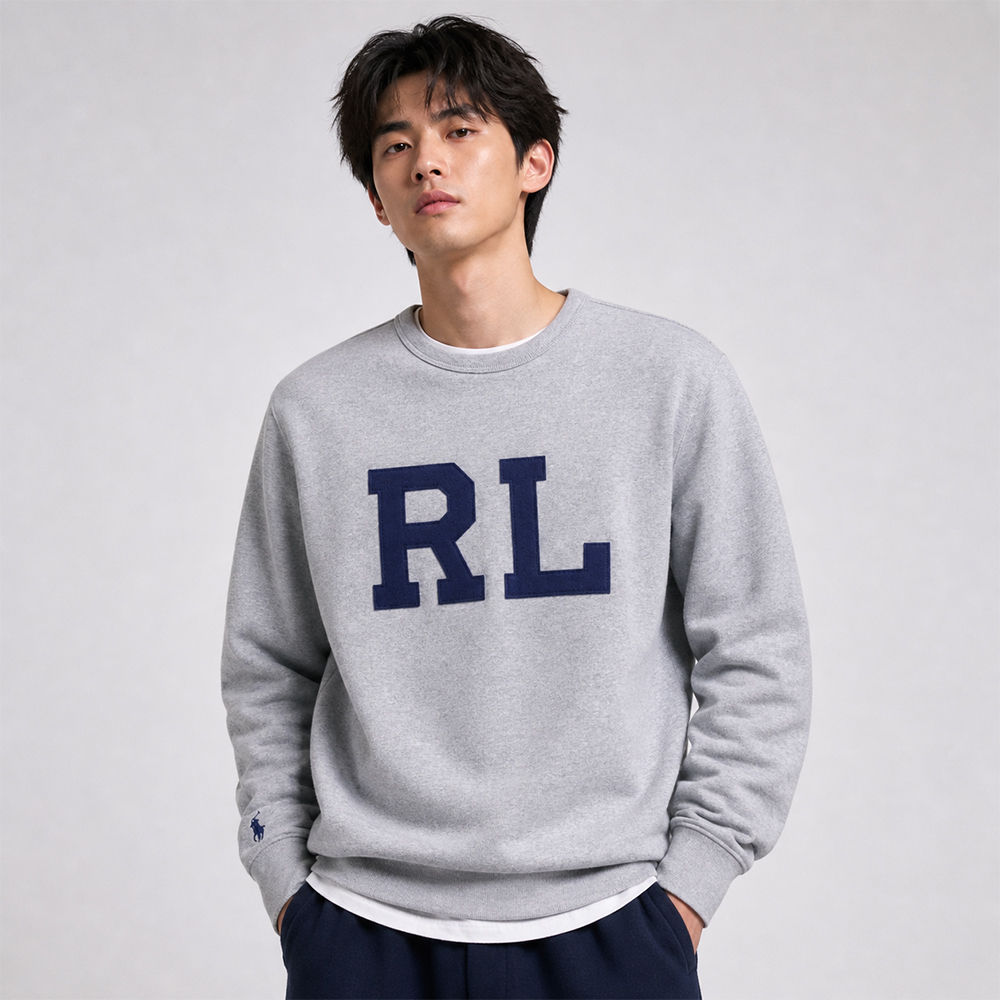 RALPH LAUREN POLO RL 熱銷刺繡標誌大學T恤(鋪棉款)-灰色