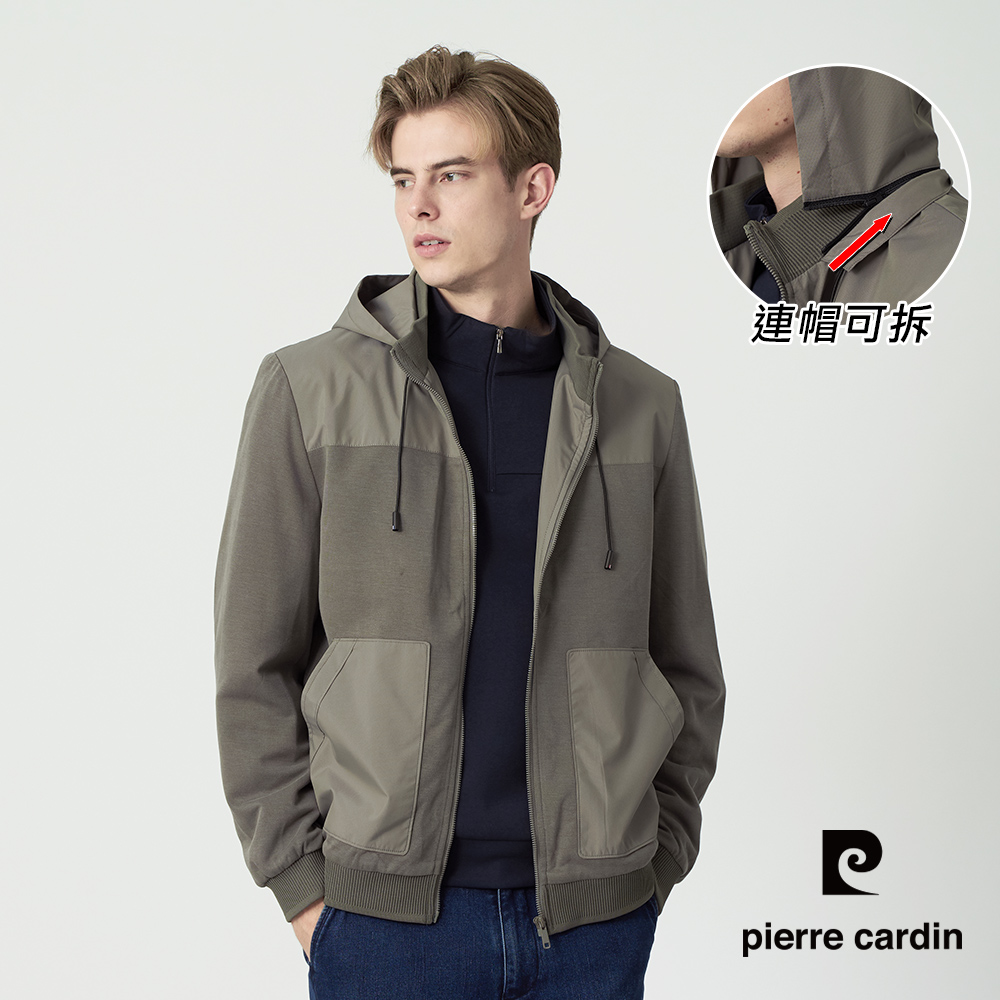 Pierre Cardin 皮爾卡登 男款 雙材質拼接連帽可拆休閒外套-橄綠色 (5255702-43)
