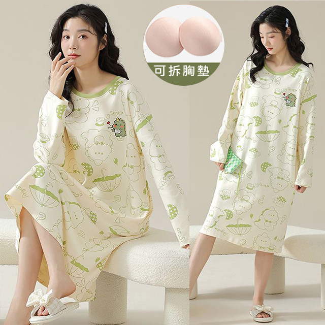 K.W. 現貨韓國恐龍子棉胸墊可外穿一件式休閒家居服(連身裙/長袖/睡裙)