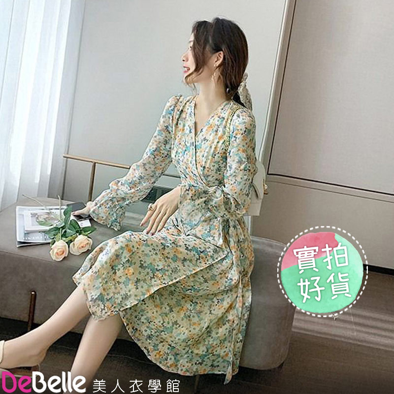 DeBelle 美人衣學館 法式油畫印花大V領九分荷葉袖腰間綁帶長袖洋裝