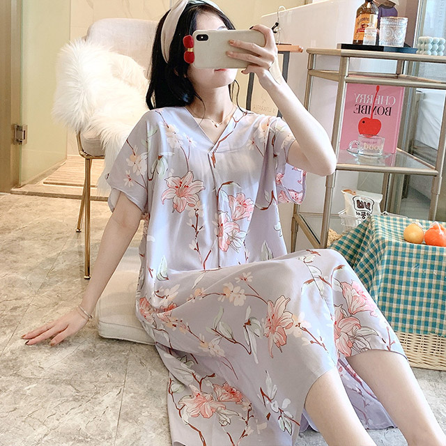 K.W. 現貨櫻花紫棉稠V領妞結造型休閒家居服(洋裝/連身裙/休閒/寬鬆)