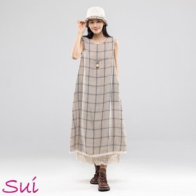 Sui服飾 麻後綁帶大格洋裝